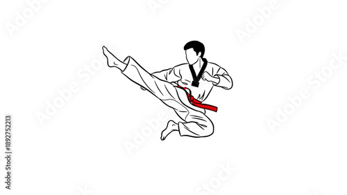Martial arts karate kick with red belt in dynamic pose on white background