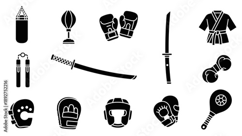 Martial arts gear and equipment silhouette collection for sports enthusiasts
