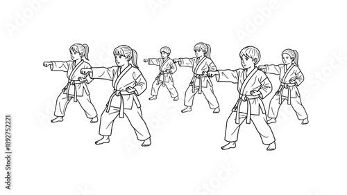 Children practicing martial arts in group training session illustration