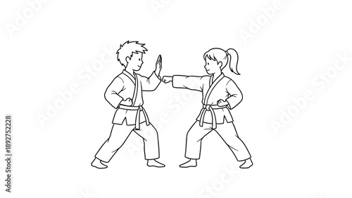Martial arts training: kids practicing karate in linear style