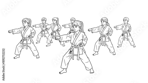 Kids practicing karate: group training in martial arts with enthusiastic youngsters