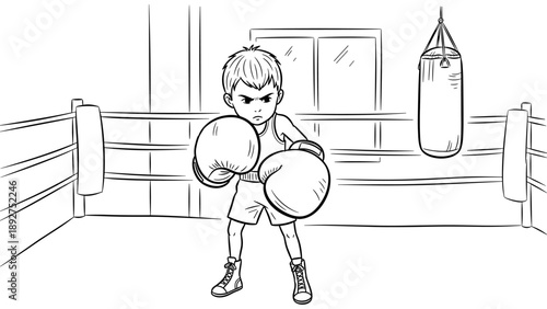 Young boxer training in gym: black and white cartoon style