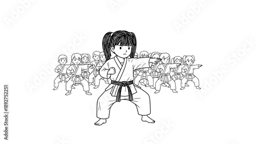 Dynamic karate class with focused girl leading session in black and white style