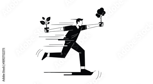 Man in business attire running with a plant and pollution clouds symbolizing eco friendly efforts