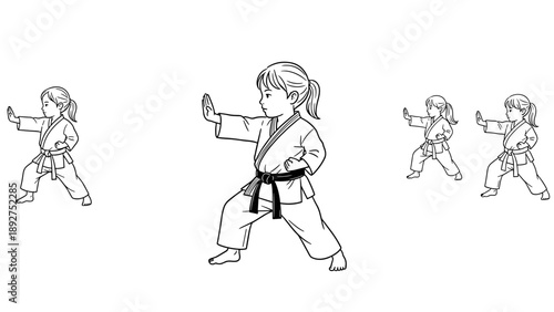 Linear martial arts pose: young girl practicing karate stance