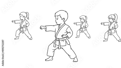 Children practicing karate in line art style