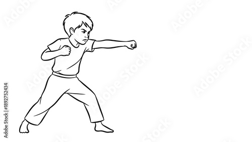Young boy practicing karate punch in line art style