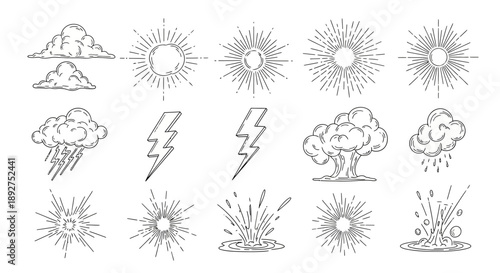 Weather Icons Featuring Sun Clouds Lightning.