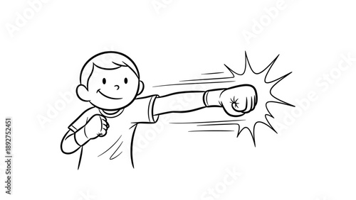 Playful cartoon boy punching with energy burst in black and white outline