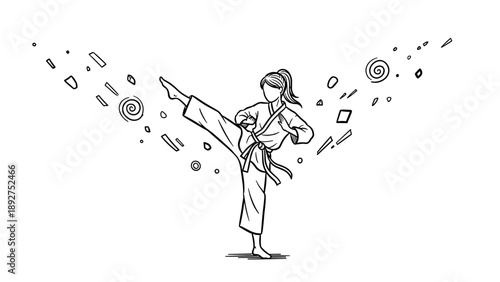 Karate pose with geometric accents in minimalist outline design