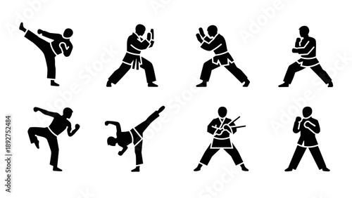 Martial arts silhouettes: dynamic poses of karate, taekwondo, kung fu