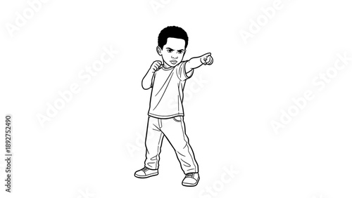 Confident child in fighting stance with determined expression on white background