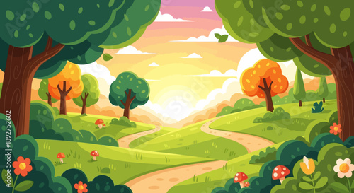 Serene Cartoon Landscape with Trees and Flowers.