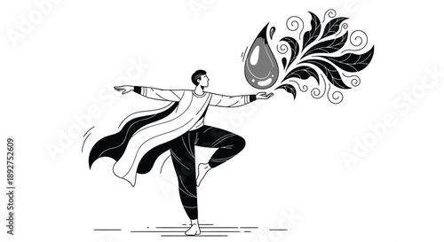 Man in dynamic yoga pose creates harmony with blooming flower symbolizing balance and growth