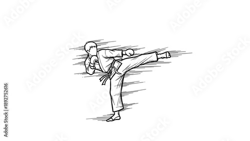Dynamic sketch of karate athlete executing high kick in martial arts action pose