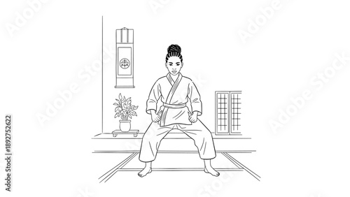 Martial arts training in traditional dojo with female karateka in stance