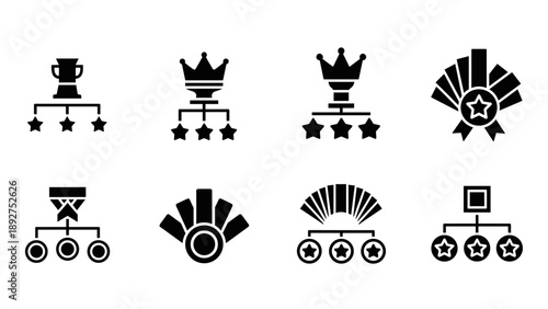 Achievement icons set: trophies, crowns, medals, stars in monochrome linear style