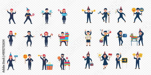 Set of diverse people celebrating with party hats and festive items, expressing joy and fun.