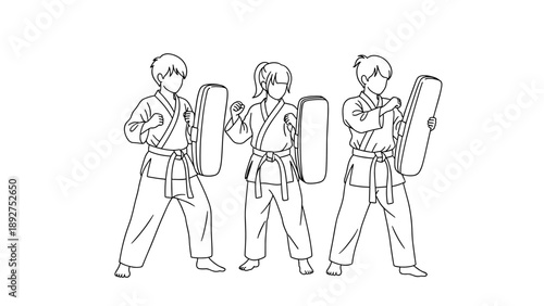 Linear martial arts training with three karate practitioners holding kick pads