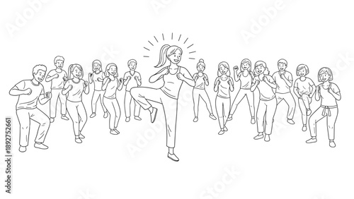 Group dance class with energetic instructor leading enthusiastic participants in line art