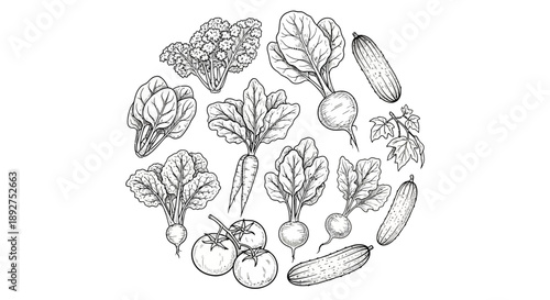 Hand Drawn Vegetables in Circle Arrangement.