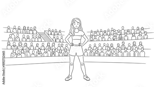 Confident female athlete standing on stadium field in front of audience