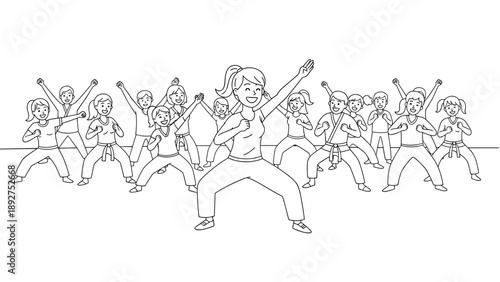 Group karate class sketch with energetic children practicing martial arts moves