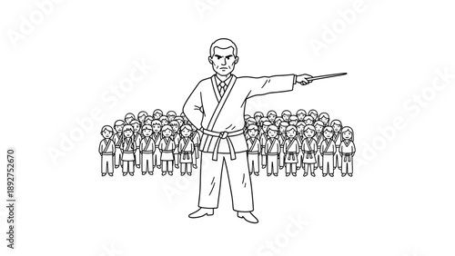 Karate instructor leading a group of students in a martial arts class