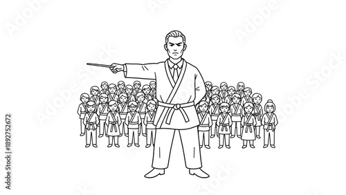 Karate master leading a group of students in traditional gi outfits