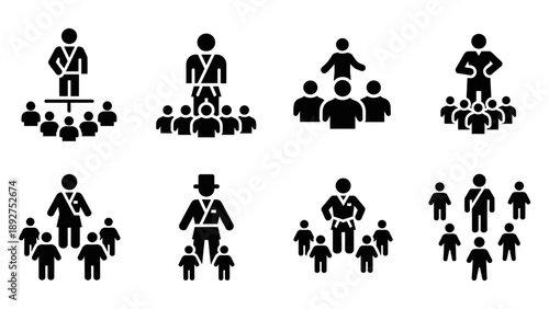 Collection of leadership and teamwork symbols in monochrome minimalist style