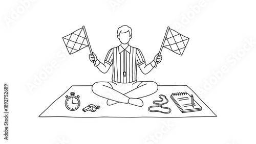 Line art of referee meditating with flags and timer for sports theme