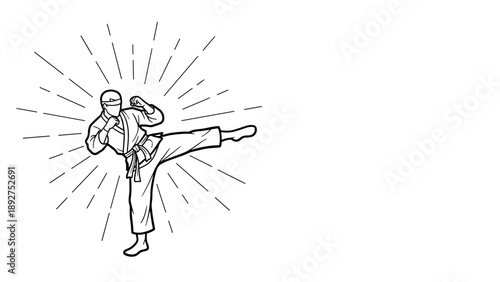 Martial arts fighter in action: dynamic line art of karate kick with radiating energy lines