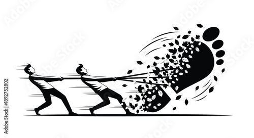 Two men pulling rope tied to giant foot symbolizing struggle and resistance