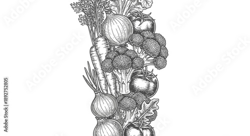 Detailed Illustration of Various Vegetables and Fruits.