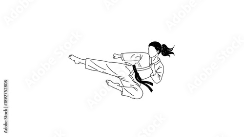 Dynamic martial arts kick: black belt karate pose in minimalist line art style