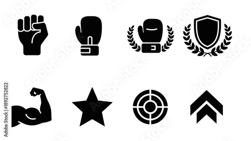 Collection of boxing and fitness icons in bold silhouette style