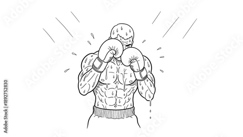Determined boxer training in rainy outline sketch style