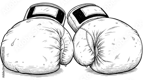 Intricate black and white sketch of boxing gloves with detailed shading
