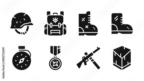 Military equipment icons set featuring silhouette helmet, backpack, boots, compass, medal, rifle, and ammo