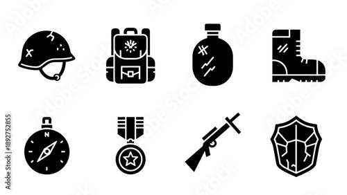Military icon set: helmet, backpack, canteen, boots, compass, medal, rifle, shield