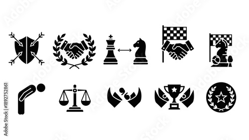 Icon set of business and sports symbols in silhouette style