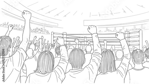 Crowd cheering at boxing arena with raised fists in line art style