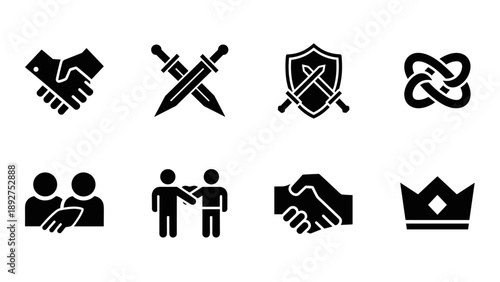 Silhouette symbols of partnership, conflict, and royalty
