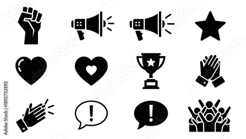 Bold black icon set: communication, celebration, and motivation symbols