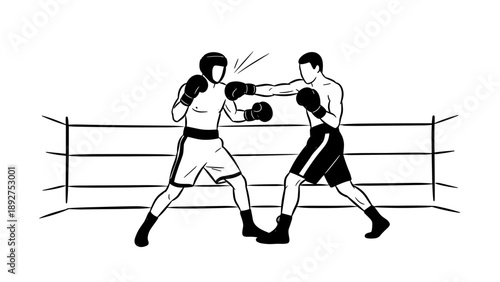 Dynamic boxer engages in sparring match with opponent in boxing ring silhouette