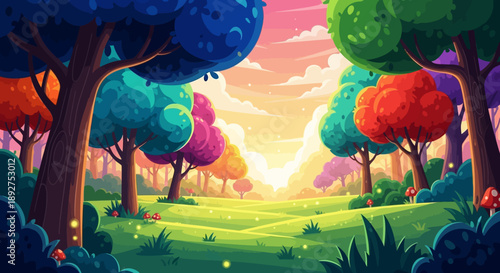 Colorful Cartoon Trees in Vibrant Landscape Scene.