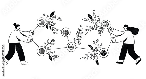 Two people working together on a floral network diagram with connected nodes and leaves