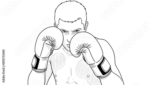 Focused boxer in guard pose line art design for sports enthusiasts