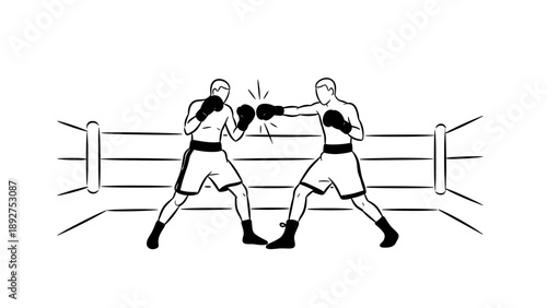 Boxing match in simple line art style featuring two fighters in a ring