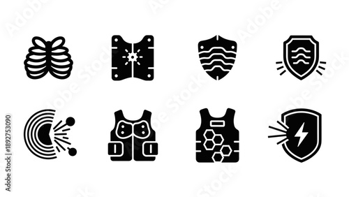 Black silhouette icons of armor and protective gear